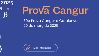 30a edició de la Prova Cangur a Catalunya, que se celebrarà el 20 de març de 2025. Il·lustració d’un cangur geomètric envoltat de símbols matemàtics sobre un fons blau. Organitzat per la Societat Catalana de Matemàtiques.